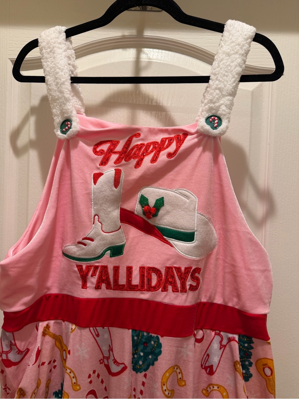 No Boundaries Pink Holiday 'Y'Allidays' Festive “overalls” pajamas
